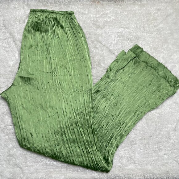 Vince Women's Green Crushed Pleated Satin High Waist Pull On Pants Size Medium - Picture 2 of 12